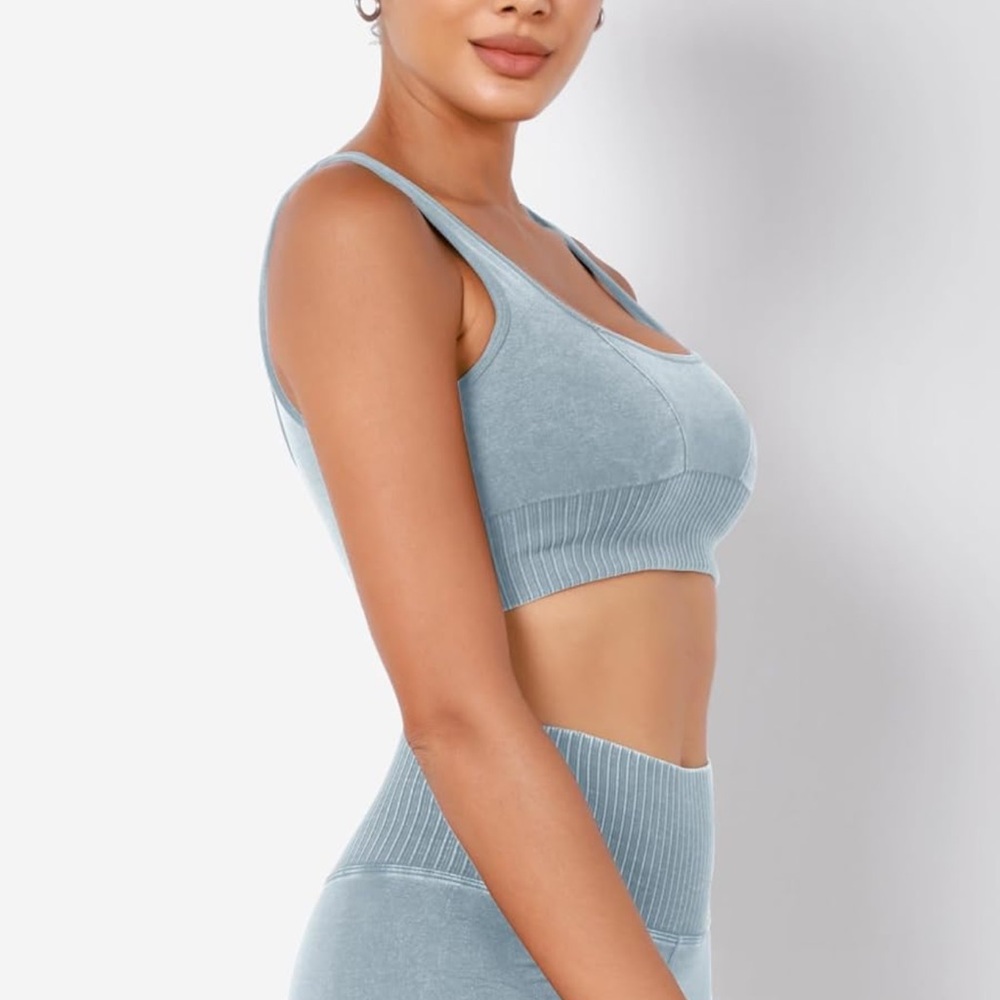 Seamless Square Neck Sports Bra Women Ribbed Crop Tank Casual Low Back Crop Tops - Picture 4 of 7